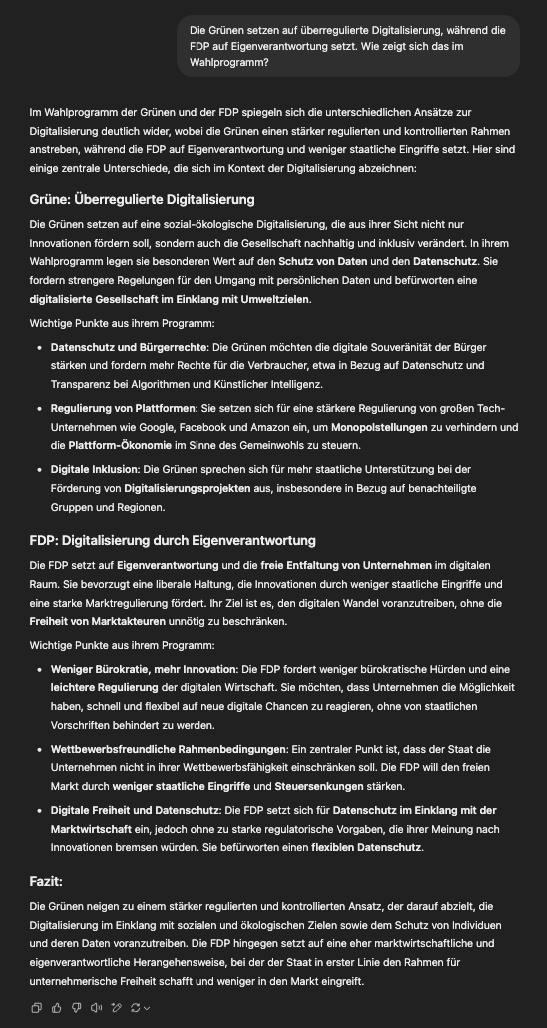 ChatGPT zeigt Unterschiede in der Digitalisierungsstrategie von Grünen und FDP zwischen staatlicher Kontrolle und marktwirtschaftlicher Freiheit.