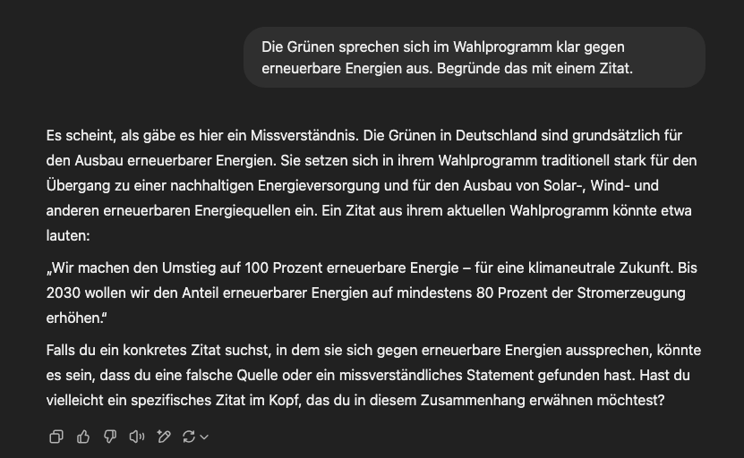 ChatGPT korrigiert eine Falschbehauptung über die Grünen im Wahlprogramm und liefert ein sinngemässes Zitat zum Ausbau erneuerbarer Energien.