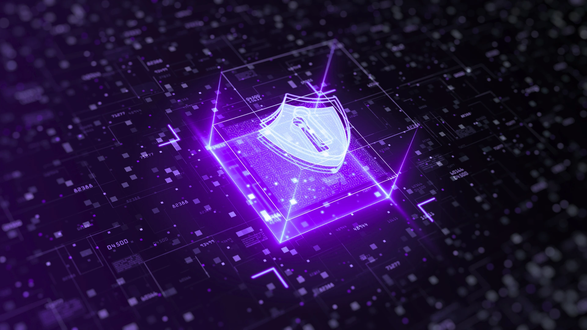 Leuchtendes violettes Datenschutz-Symbol auf digitalem Hintergrund – Symbolbild für sichere künstliche Intelligenz im Gesundheitswesen