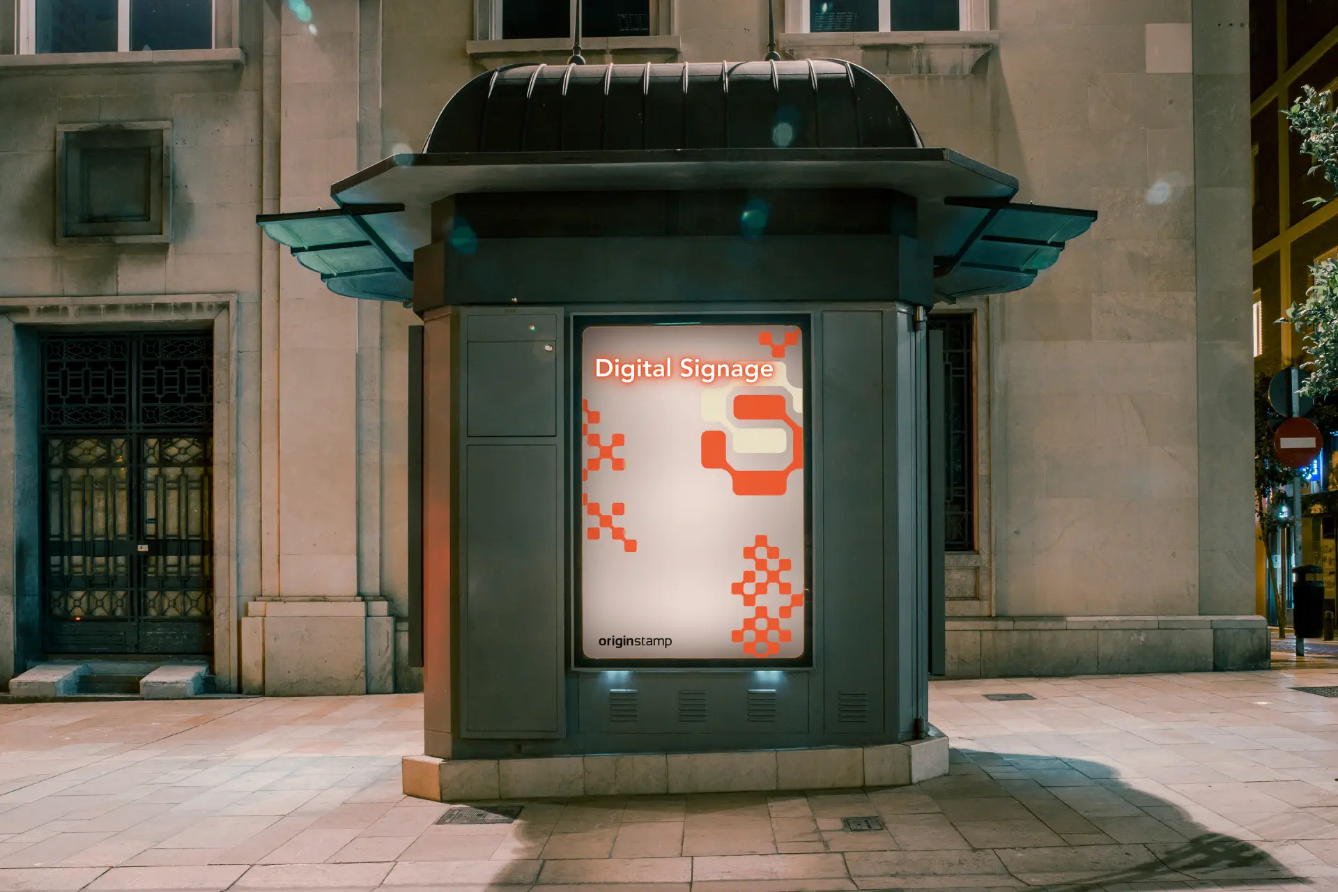 Digital Billboard in an urban environment displaying "Digital Signage".